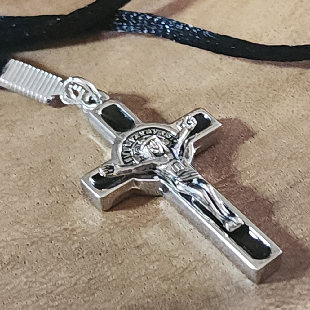St. Benedict Black And Silver Toned Cross Pendant Necklace